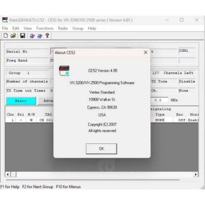 Vertex Standard CE-52 VX-2500, VX-3200 Programming Sofware